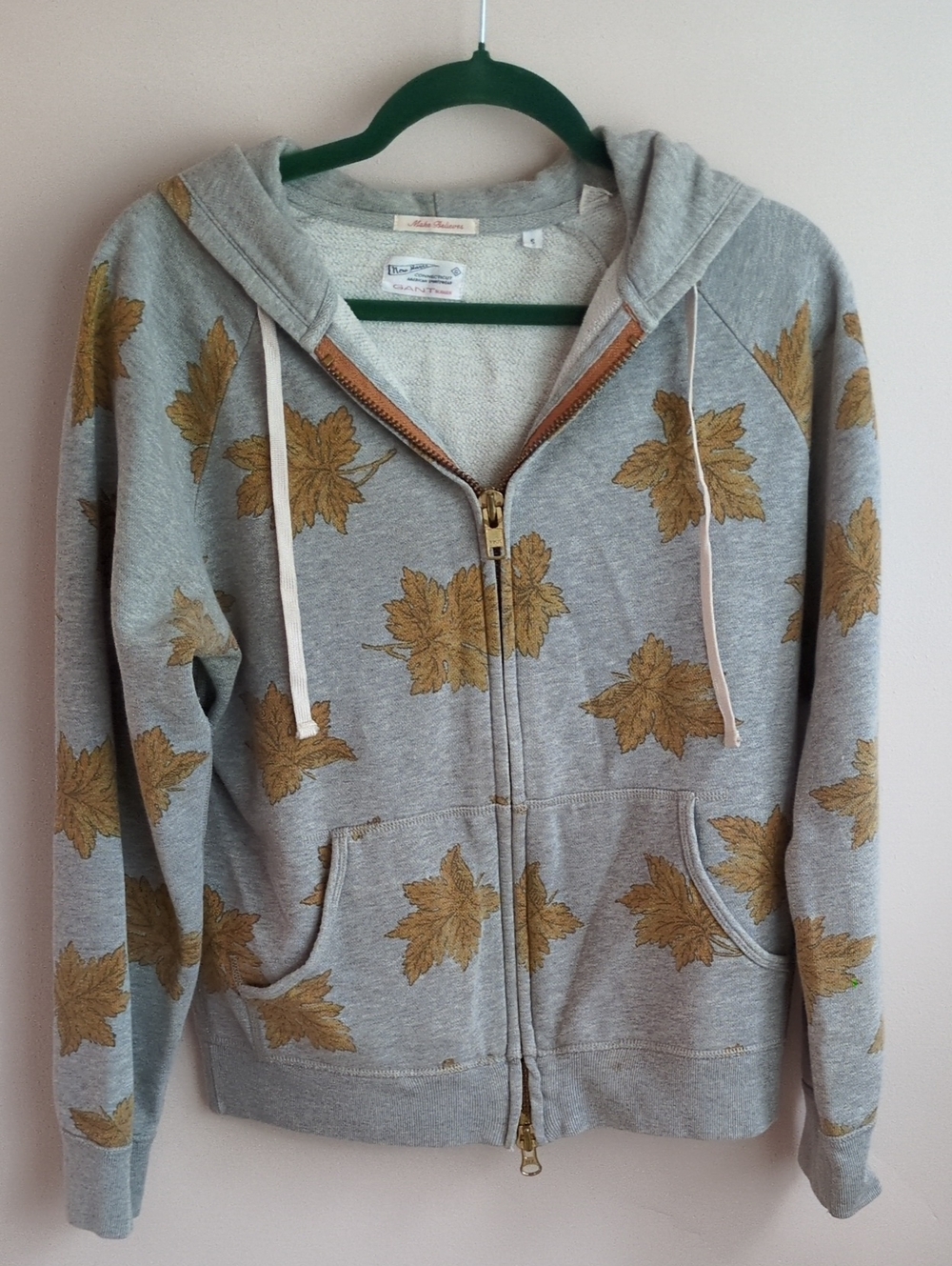 Gant Rugger Gray Zip-Up Hoodie Sweater with Gold Leaf Print-Small
